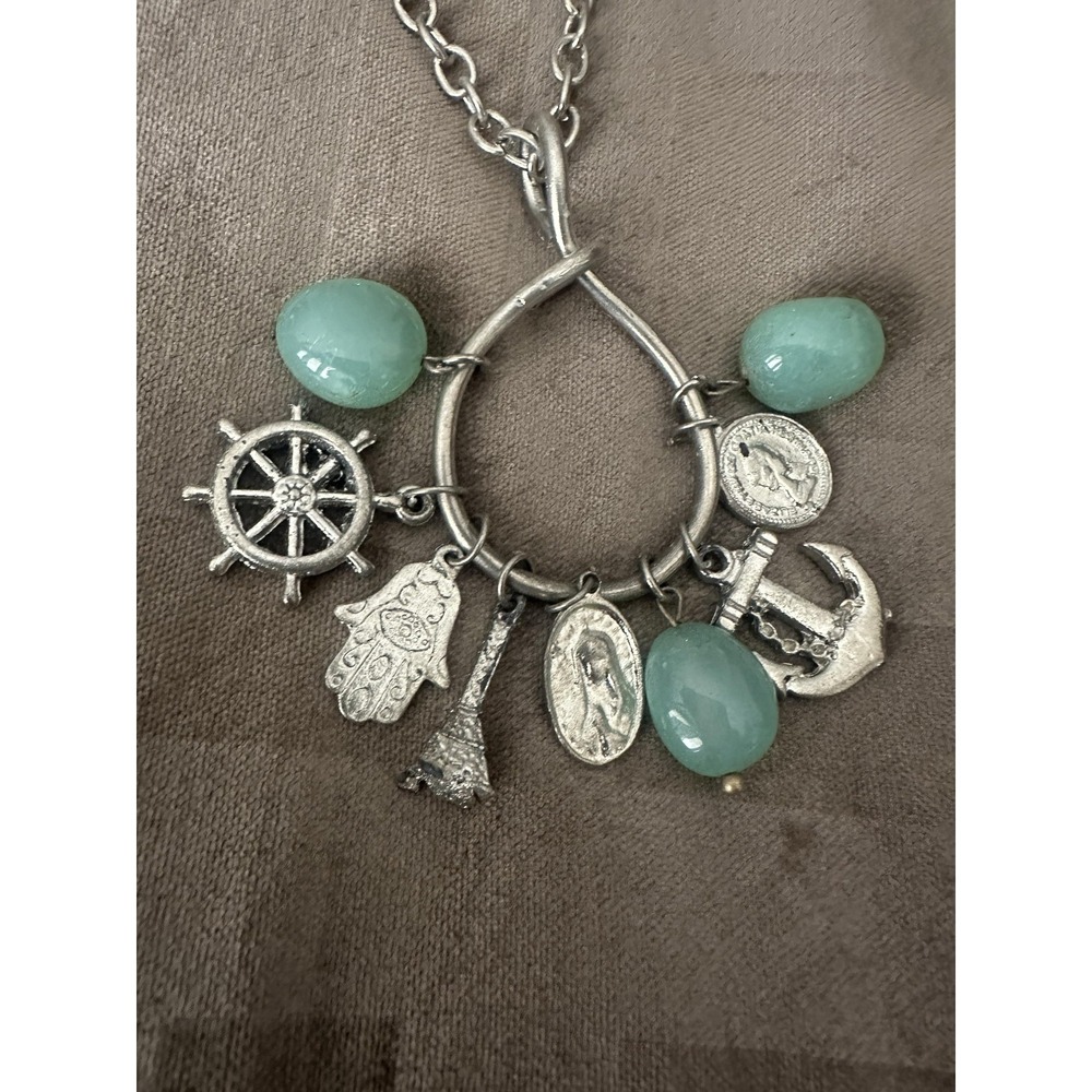 Silver Tone Aqua Bead Charm Pendant Necklace Nautical Religious Statement Womens